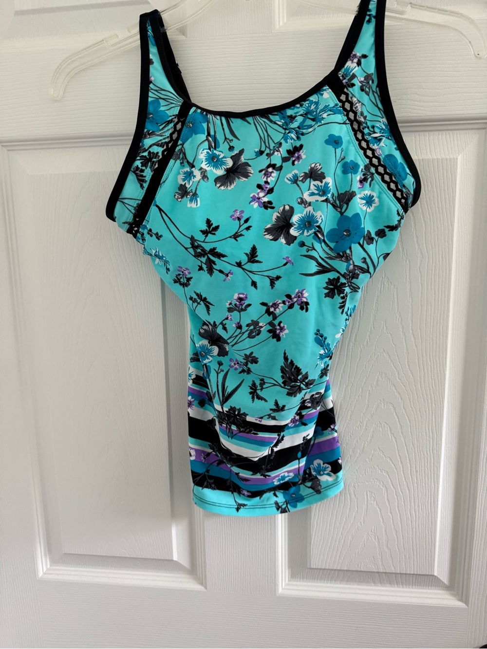 Free Country Turquoise Floral Swim Tank Top with Black Trim